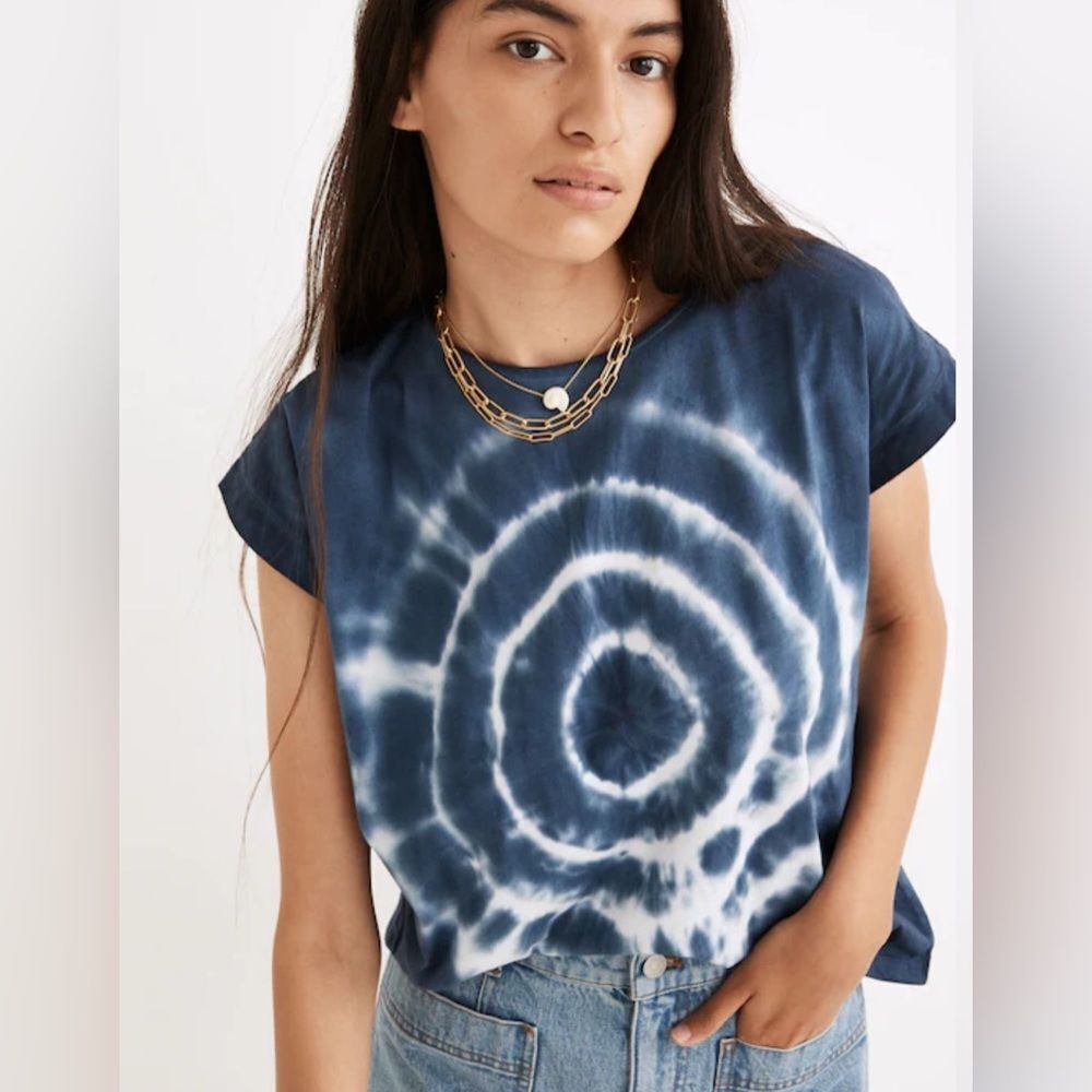 Madewell Top Tie Dye T-Shirt Cap Sleeve Boxy Tee Blue Spiral XS